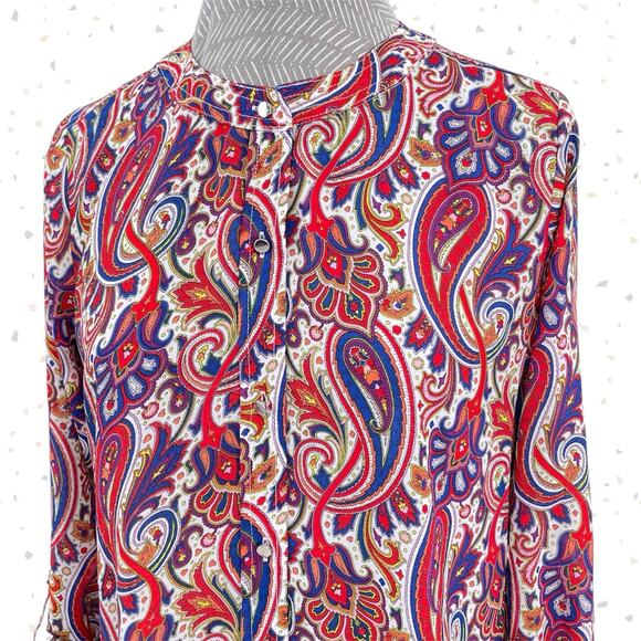 Liz Claiborne Paisley Floral Jewel Tone Blouse Fall Print Roll Up Sleeves Size S - Picture 3 of 12